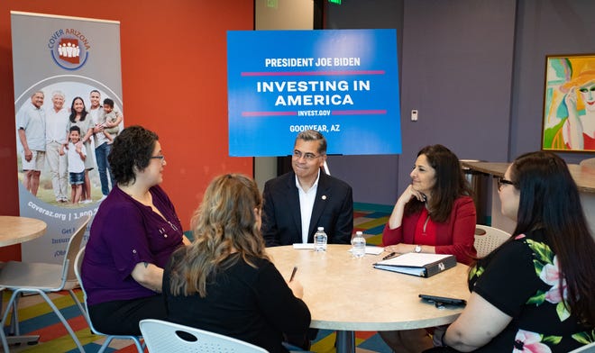 Secretary Xavier Becerra and White House Domestic Policy Council Director Neera Tanden talk with Cecilia Fernandez and Brenda Cardenas at the announcement of a $500 million investment in health care Navigators at Adelante Healthcare in Goodyear on June 7, 2024.