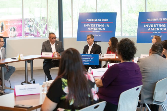 Secretary Xavier Becerra and White House Domestic Policy Council Director Neera Tanden with Adelante Healthcare CEO Pedro Cons at the announcement of a $500 million investment in health care Navigators at Adelante Healthcare in Goodyear on June 7, 2024.