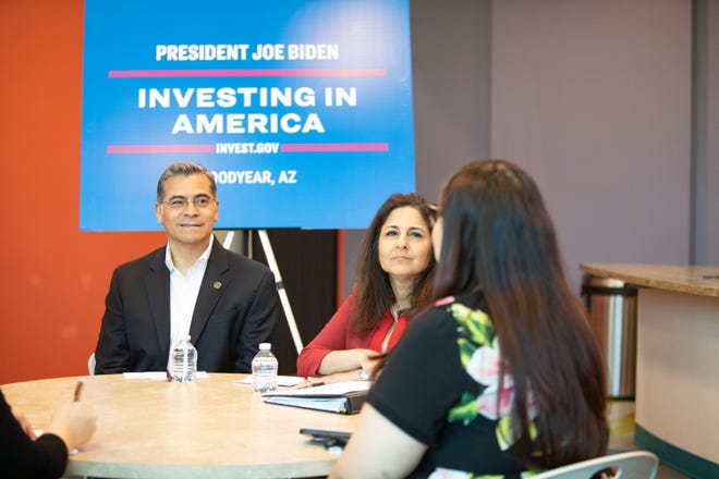 Secretary Xavier Becerra and White House Domestic Policy Council Director Neera Tanden talk with Cecilia Fernandez and Director Brenda Cardenas at the announcement of a $500 million investment in health care Navigators at Adelante Healthcare in Goodyear on June 7, 2024.