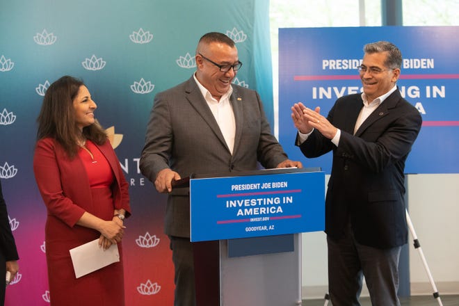 Secretary Xavier Becerra and White House Domestic Policy Council Director Neera Tanden with Adelante Healthcare CEO Pedro Cons at the announcement of a $500 million investment in health care Navigators at Adelante Healthcare in Goodyear on June 7, 2024.