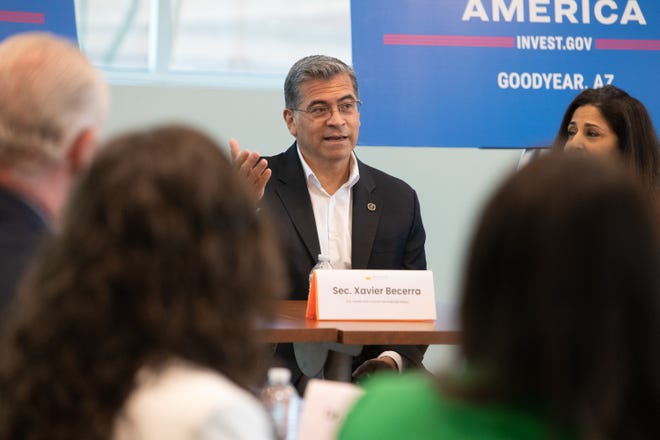 Secretary Xavier Becerra and White House Domestic Policy Council Director Neera Tanden at announcement of a $500 million investment in health care Navigators at Adelante Healthcare in Goodyear on June 7, 2024.