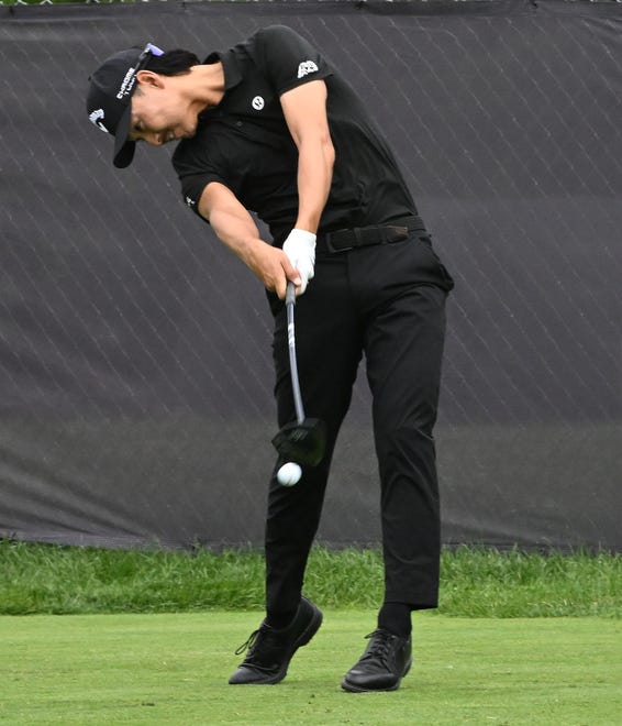 Min Woo Lee launches a shot from the tee during the second round of the Rocket Mortgage Classic.