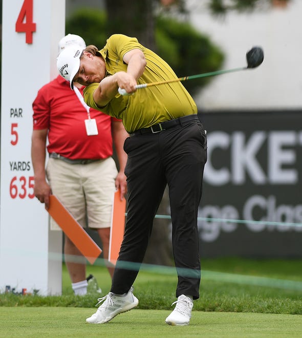 Sami Valimaki hits a rocket of a shot off the fourth tee during the second round of the Rocket Mortgage Classic.