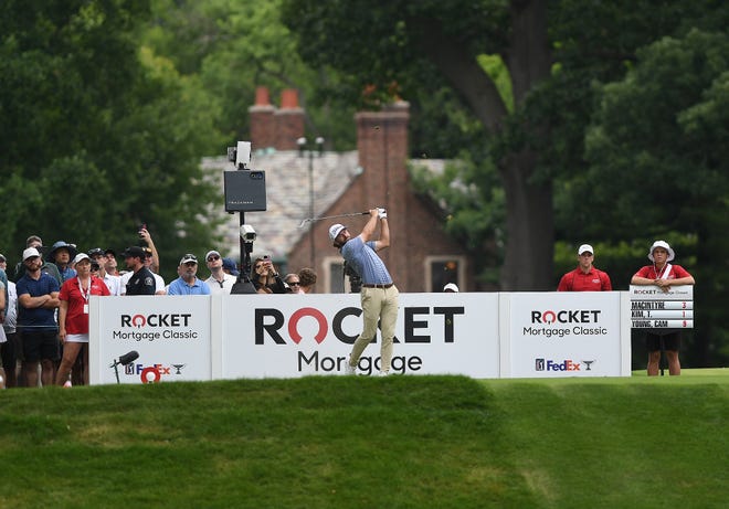 Cameron Young hits off the ninth tee during the second round of the Rocket Mortgage Classic.