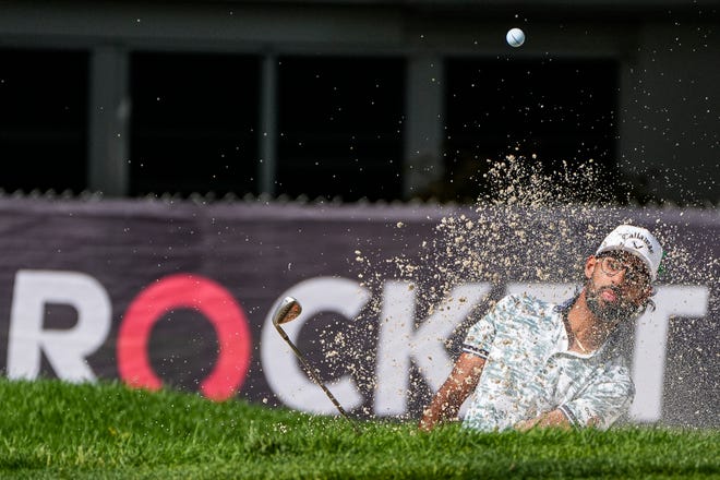 Akshay Bhatia hits the ball out of the bunker on the 9th during Round 3 of Rocket Mortgage Classic at Detroit Golf Club in Detroit on Saturday, June 29, 2024.