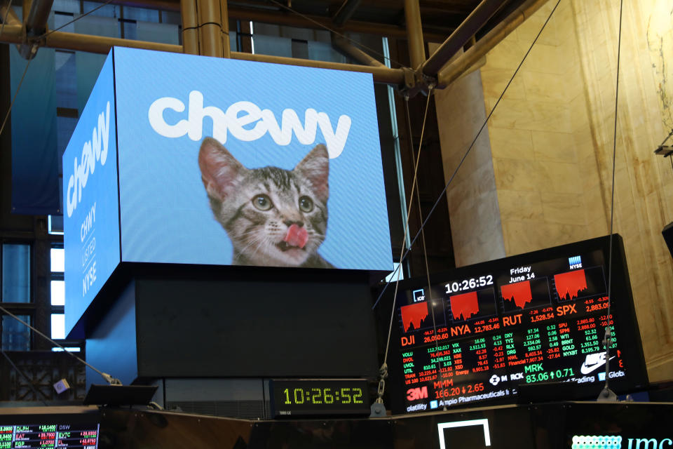 Logos for Chewy Inc. are displayed on the trading floor on the morning of the company's IPO at the New York Stock Exchange (NYSE) in New York City, U.S., June 14, 2019. REUTERS/Andrew Kelly
