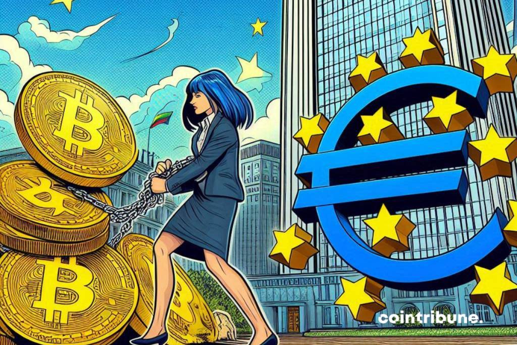 Immeuble de la BCE, symbole de l'euro et pièces de bitcoin