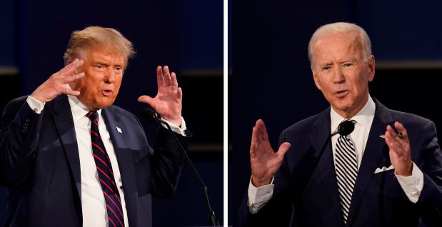 Former President Donald Trump, left, and President Joe Biden during the first presidential debate on Sept. 29, 2020, in Cleveland, Ohio. (Patrick Semansky/AP)