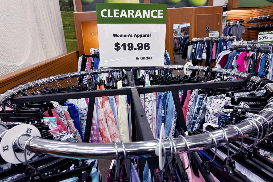 A clearance sign is displayed at a retail clothing store in Downers Grove, Ill., Monday, April 1, 2024. (AP Photo/Nam Y. Huh)