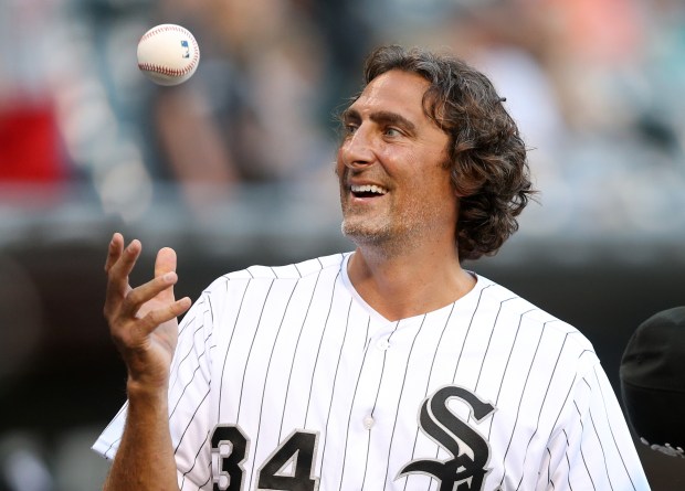 Guaranteed Rate CEO Victor Ciardelli prepares to throw out the ceremonial first pitch at a White Sox home game in Aug. 2016. The ballpark would be renamed after his company later that year. (Chris Sweda/Chicago Tribune)