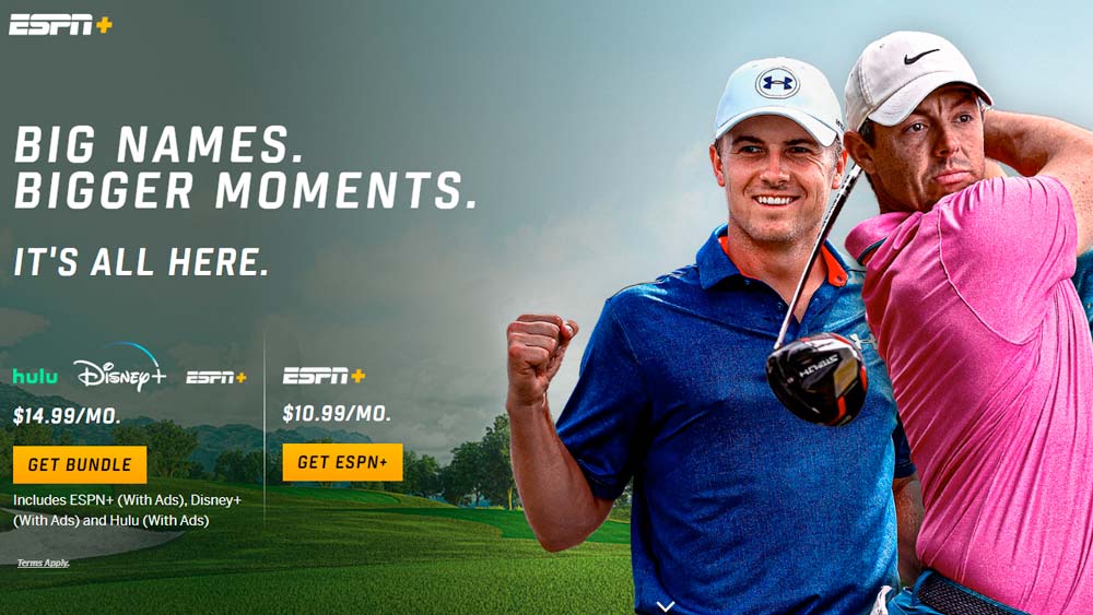Advertisement for PGA Tour Live on ESPN+ with photos of Rory McIlroy and Jordan Spieth