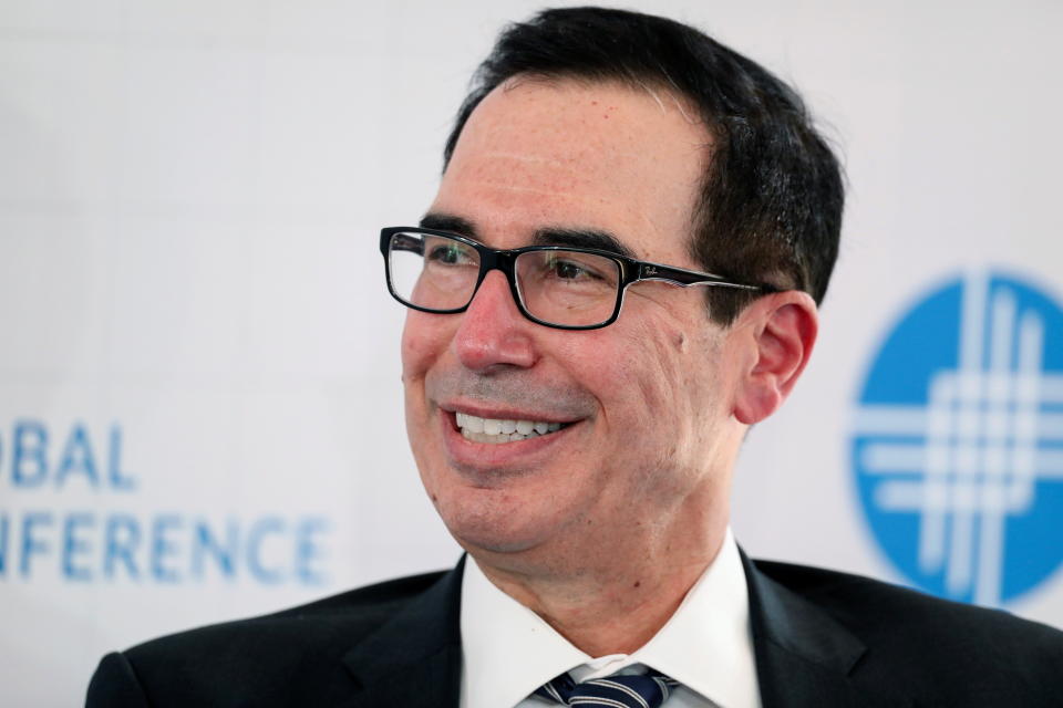 Steven Mnuchin, founder and managing partner of Liberty Strategic Capital and former U.S. Treasury secretary, speaks at the 2021 Milken Institute Global Conference in Beverly Hills, California, U.S., October 19, 2021. REUTERS/David Swanson