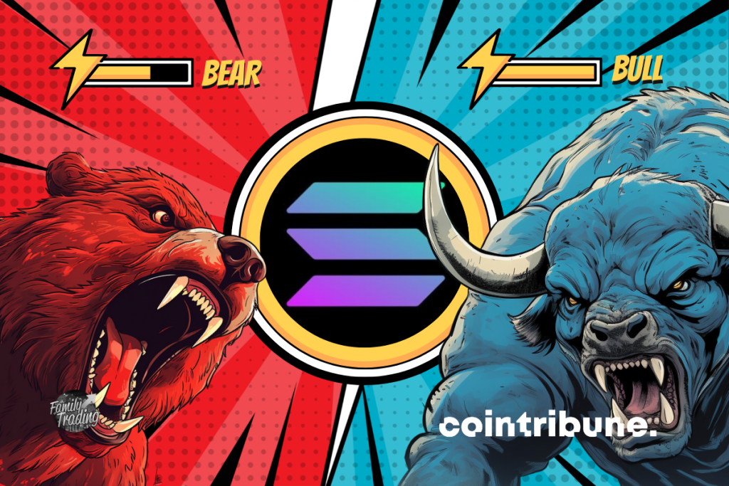 Logo SOL fond rouge et bleu avec de parts et d’autres un ours rouge et un taureau bleu enragés. En haut de chacun, on peut voir la barre de pouvoir de chacun.