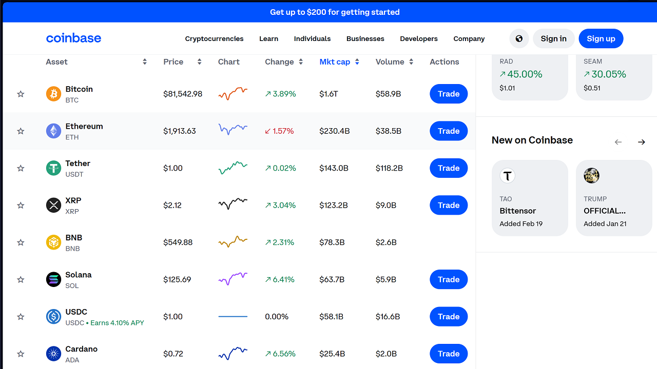 Crypto exchances in Coinbase