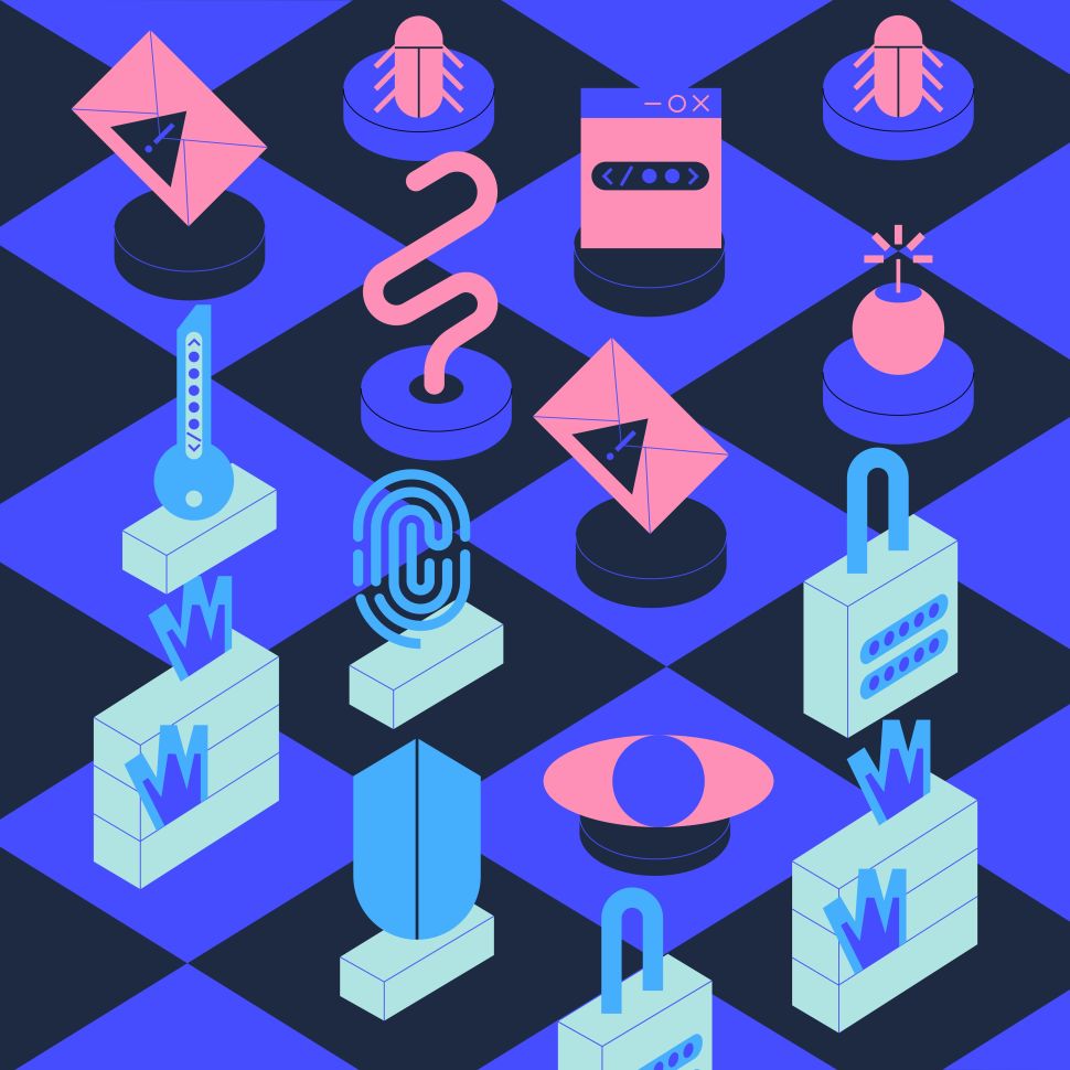 An abstract illustration of a chessboard with cybersecurity elements as game pieces