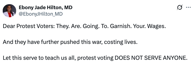 Summary of tweet: Warning to protest voters about potential wage garnishment and the ongoing war's cost in lives, emphasizing protest voting's ineffectiveness