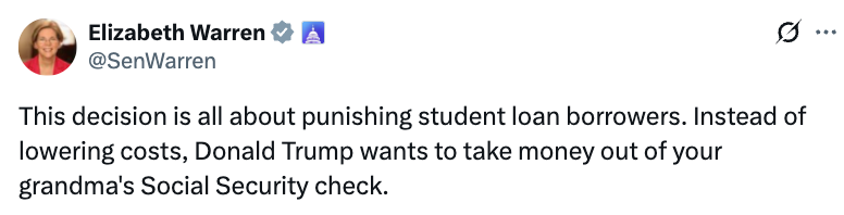Tweet by Elizabeth Warren criticizing Donald Trump for policies affecting student loans and Social Security