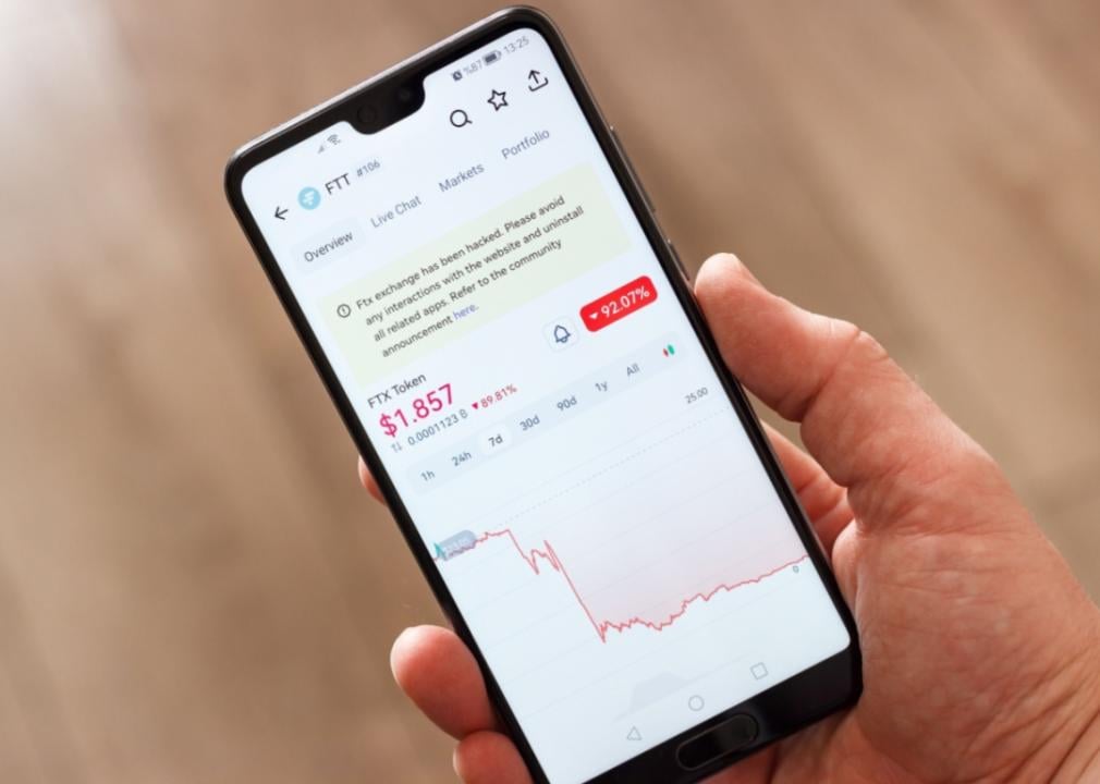 A hand holding a smartphone displaying concerning information about the FTX cryptocurrency exchange and a graph depicting the price of FTX Token showing a dramatic downward trend.