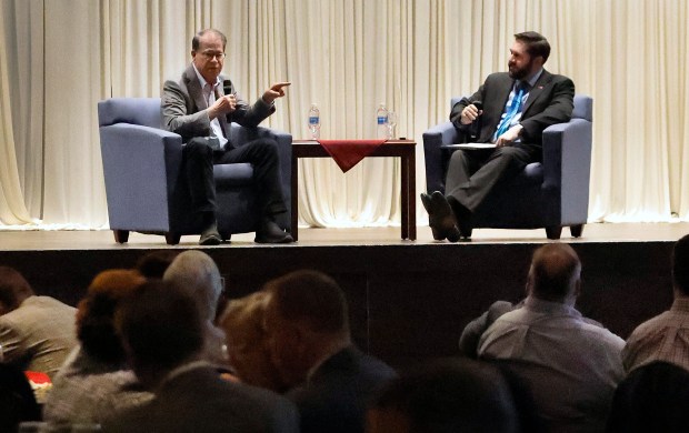 Indiana Governor Mike Braun (left) participated in a fireside chat Chris Salatas, President and CEO of the Lake County Economic Alliance. The event took place at Halls of St. George in Schererville on Thursday, April 3, 2025. (John Smierciak / for the Post-Tribune)