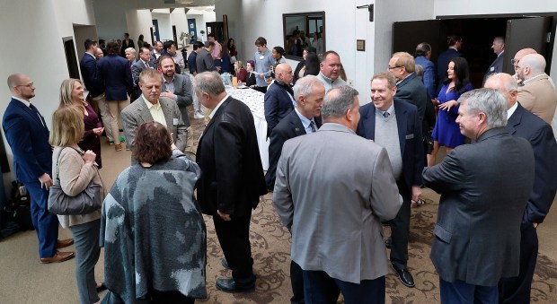 Hundreds of business representatives await the arrival of Indiana Governor Mike Braun for a luncheon with the Lake County Indiana Economic Alliance at Halls of St. George in Schererville on Thursday, April 3, 2025. (John Smierciak / for the Post-Tribune)