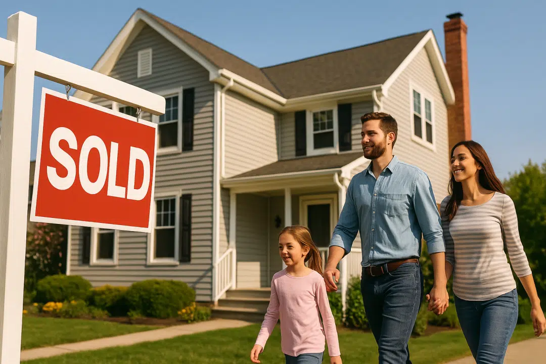 Family walking by a recenty sold home under blue skies.