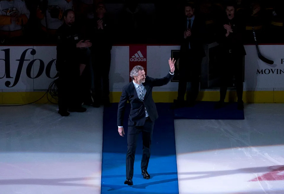 Feb 10, 2020; Vancouver, British Columbia, CAN; Former Vancouver captain Trevor Linden walks out for a pre-game ceremony as part of Henrik Sedin and Daniel Sedin jersey and number retirement ceremony week in Vancouver. Prior to a game between the Vancouver Canucks and the Nashville Predators at Rogers Arena. Mandatory Credit: Bob Frid-Imagn Images