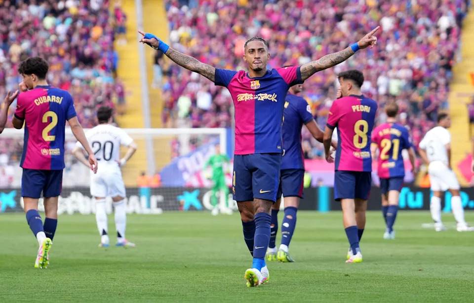 Raphinha celebrates a goal during El Clasico