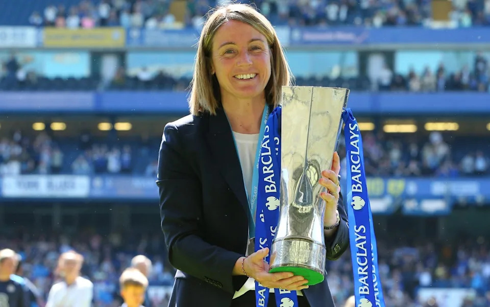 Head coach Sonia Bompastor with the Womens Super League trophy, Stamford Bridge, London, 10 May 2025