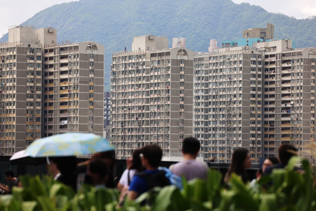 People at a shopping centre in Kai Tak with the public housing estate in the background on April 24, 2025. Photo: Jelly Tse People at a shopping centre in Kai Tak with the public housing estate in the background on April 24, 2025. Photo: Jelly Tse