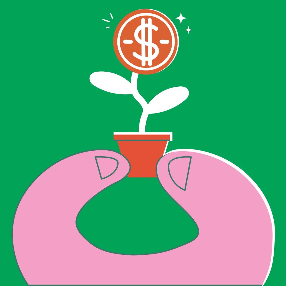 An illustration of two large fingers pinching together a small potted plant growing a dollar coin
