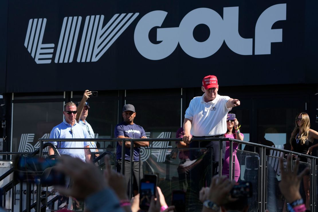 Trump during the final round of the Bedminster Invitational LIV Golf tournament in New Jersey in August 2023. (AP Photo/Seth Wenig)