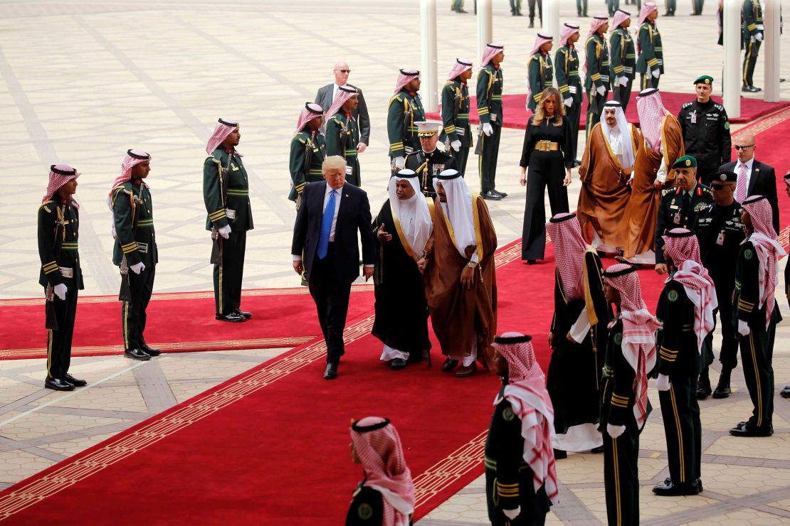 Saudi Arabia's King Salman bin Abdulaziz Al-Saud welcomes President Trump during a reception ceremony in Riyadh, Saudi Arabia, in May 2017.