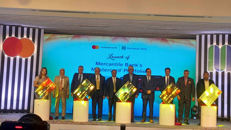 Finance Adviser Salehuddin Ahmed attending the new card launching ceremony by Mercantile Bank and Mastercard on 17 May 2025. Photo: Courtesy