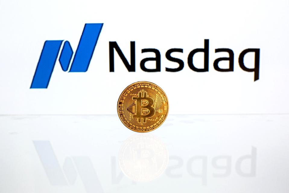 Illustration of Nasdaq and Bitcoin logos.