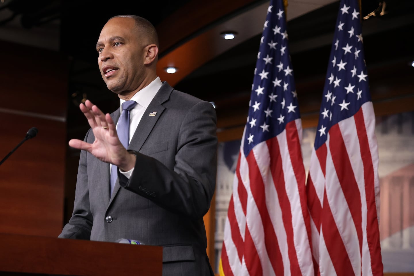 House Minority Leader Representative Hakeem Jeffries speaks during a news conference at the. Capitol on May 19, 2025 in Washington, DC. 
