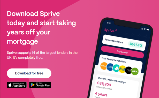 Screengrab from money saving app Sprive, showing a pink background with the words "Download Sprive today and start taking eyars off your mortgage"