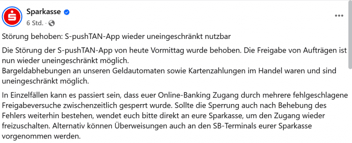 Screenshot of the Sparkasse message on Facebook