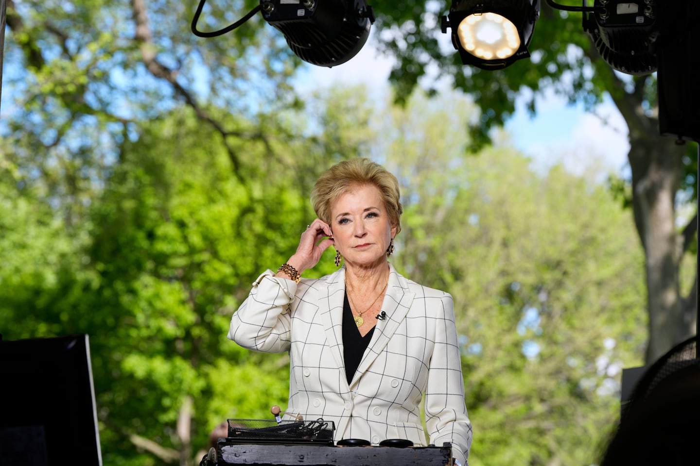 Education Secretary Linda McMahon did a television interview at the White House on April 16 in Washington.