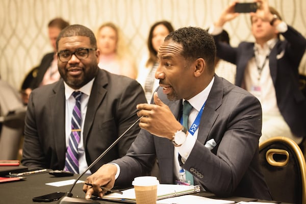 Atlanta Chief of Staff Odie Donald II (left) watches as Atlanta Mayor Andre Dickens leads the U.S. Conference of Mayors’ new Public-Private Partnership Task Force in Reno, Nevada, June 2022. (Courtesy of City of Atlanta)