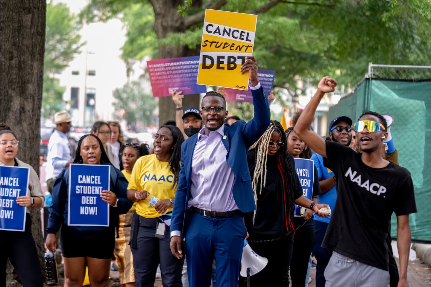 People demonstrated in Lafayette Park across from the White House in Washington in 2023, after a sharply divided Supreme Court ruled that the Biden administration overstepped its authority in trying to cancel or reduce student loan debts for millions of Americans.