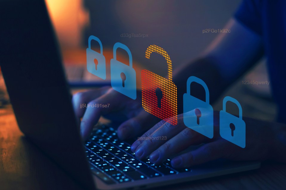 Person typing on laptop with unlocked padlock icon and other locked padlocks.