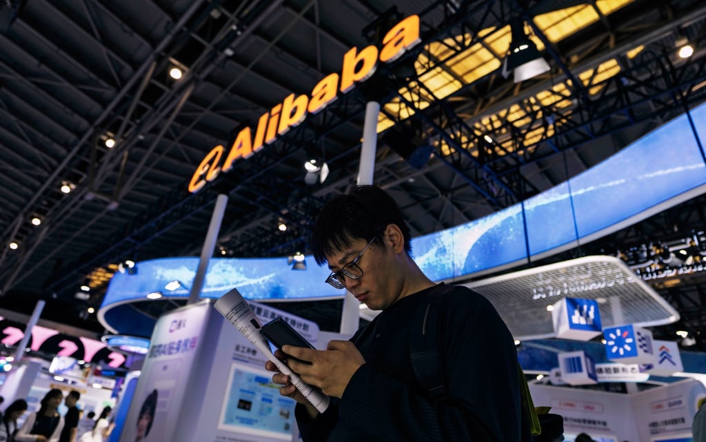 An Alibaba booth during the World Artificial Intelligence Conference in Shanghai on Monday. Photo: EPA An Alibaba booth during the World Artificial Intelligence Conference in Shanghai on Monday. Photo: EPA