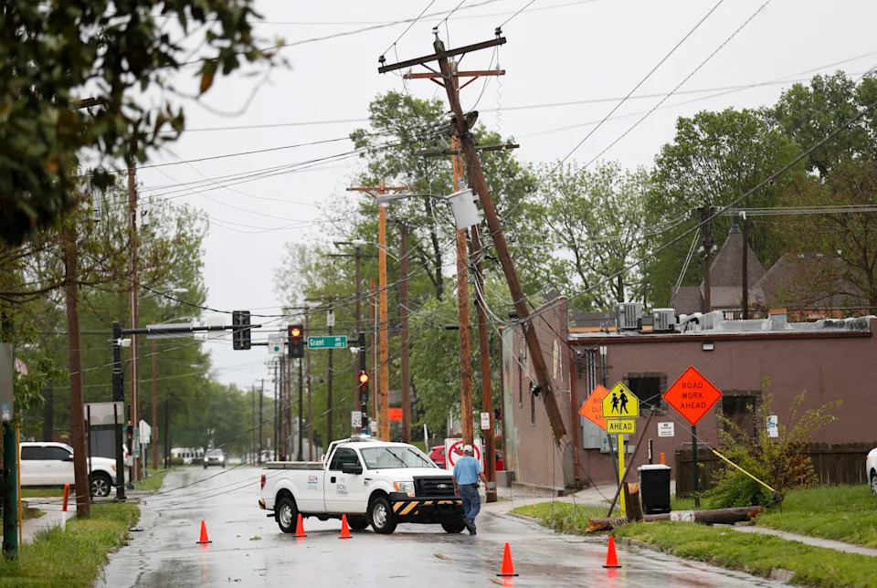 A broken power pole near West Mt. Vernon Street and South Grant Avenue after strong storms rolled through the area on Tuesday, April 29, 2025.