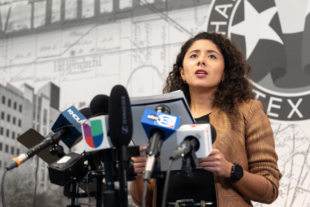 Harris County Judge Lina Hidalgo dismisses allegations of evidence tampering during a press conference on Nov. 10, 2023. 