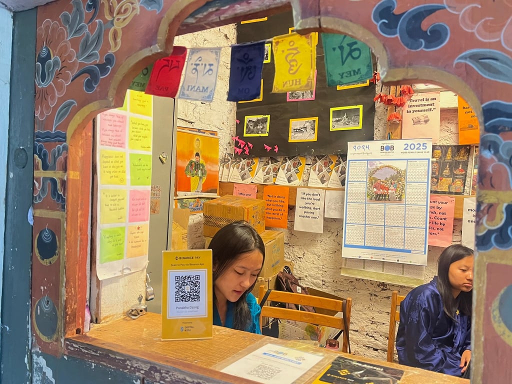 A QR code for cryptocurrency payments is seen in the ticketing office of Punakha Dzong in Bhutan. Photo: Bibek Bhandari A QR code for cryptocurrency payments is seen in the ticketing office of Punakha Dzong in Bhutan. Photo: Bibek Bhandari