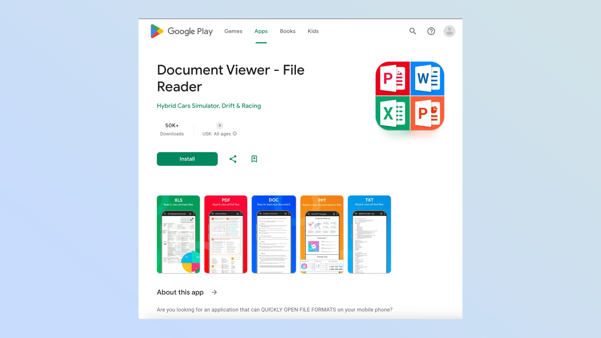 A screenshot of a listing page for a malicious app that has since been removed from the Google Play Store