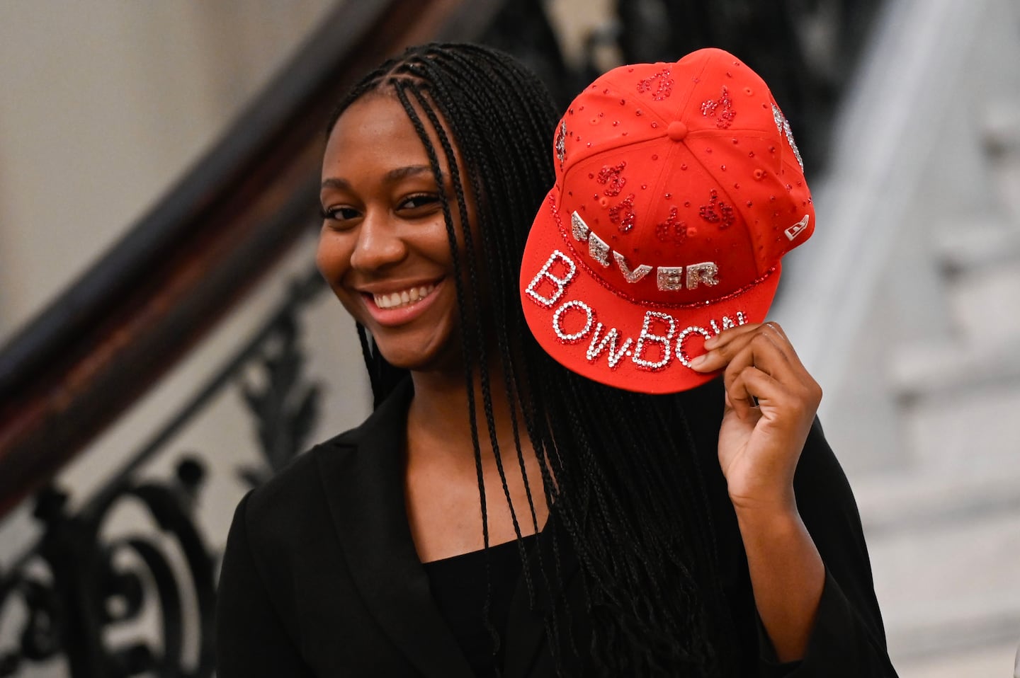 Among the gifts Aliyah Boston received was a bedazzled Fever hat. Her Indiana team plays the Connecticut Sun on Tuesday night at TD Garden.