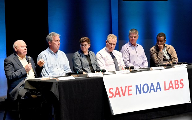 From left: Sandy MacDonald, Director of NOAAs Forecast Systems; Robin Webb, retired from NOAA; Laura Riihimaki, former staff of NOAA Global Monitoring Laboratory; John Tayer, President and CEO of the Boulder Chamber; and Dan Powers, Executive Director for CO-LABS, formed an expert panel on why NOAA is so important. U.S. Rep. Joe Neguse hosted a press conference at the Boulder Public Library to address the proposed budget cuts to the National Oceanic and Atmospheric Administration. (Cliff Grassmick/Staff Photographer)
