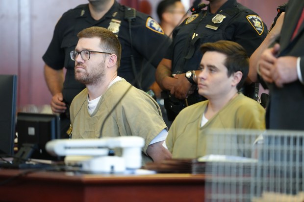'Crypto bros' William Duplessie, left, and John Woeltz are pictured in the courtroom of Justice Gregory Carro in Manhattan Supreme Court Wednesday, July 23, 2025 in Manhattan, New York. (New York Daily News)