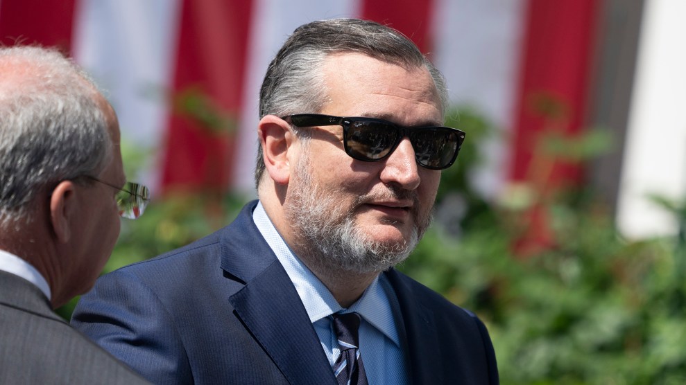 Ted Cruz, a man with grey hair and a beard, wears sunglasses while standing in front of part of an American flag.